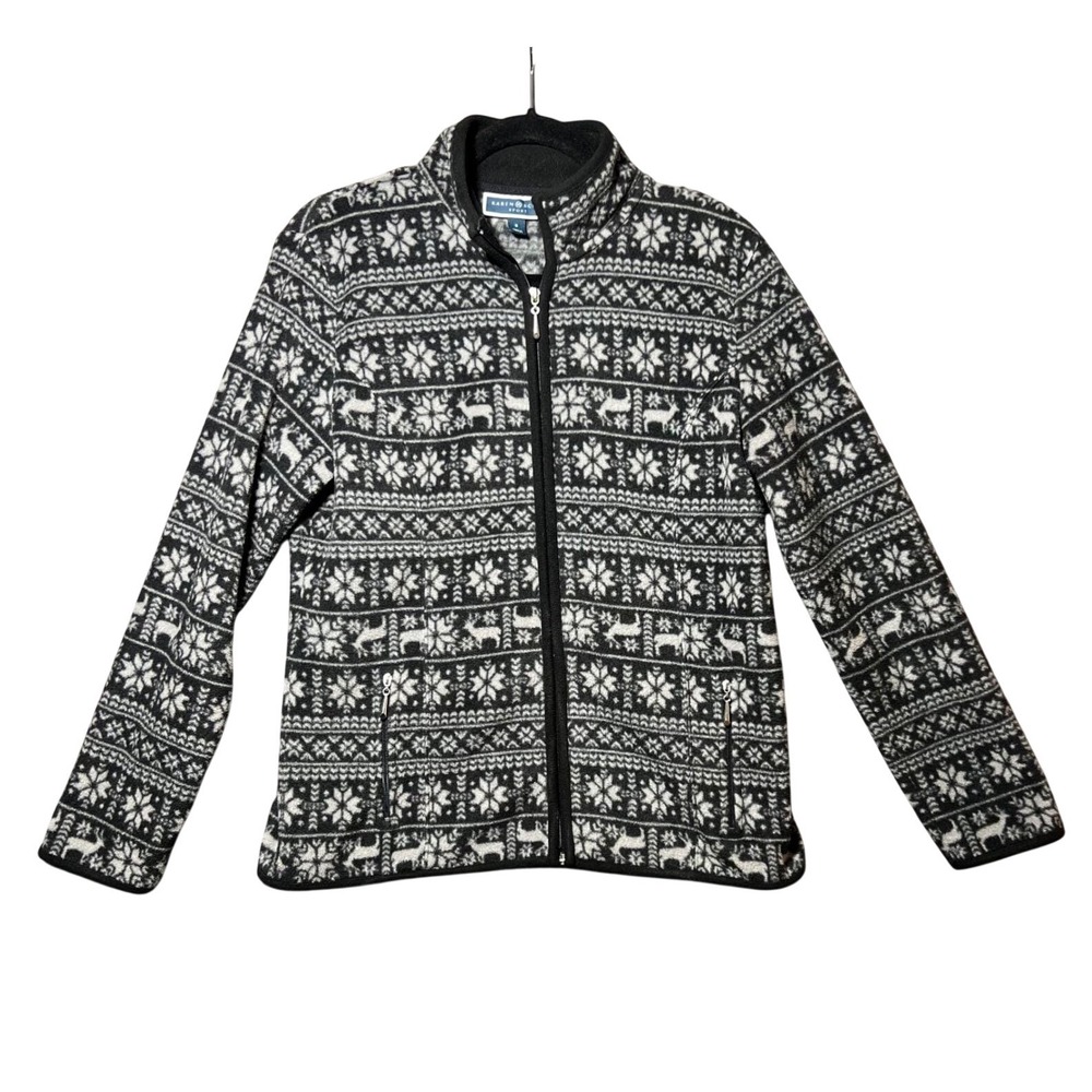 Karen Scott Sport Womens Small Black White Fair Isle Reindeer Fleece Zip Jacket